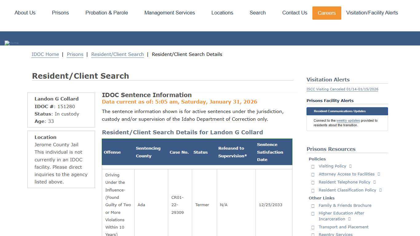 Resident/Client Search Details Idaho Department of Correction